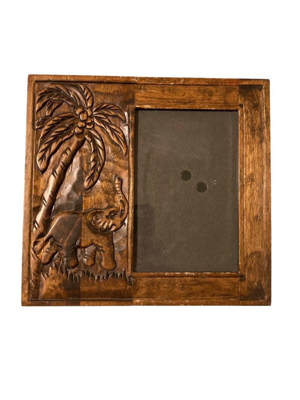 Hand Carved Wooden Elephant And Palm Tree Picture Frame